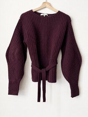 Sea New York Women's Burgundy Chunky Knit Sweater Balloon Sleeve Waist Tie XS